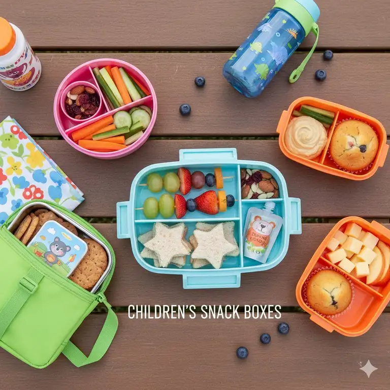 A colorful and healthy assortment of childrens snack boxes packed for school or trips.