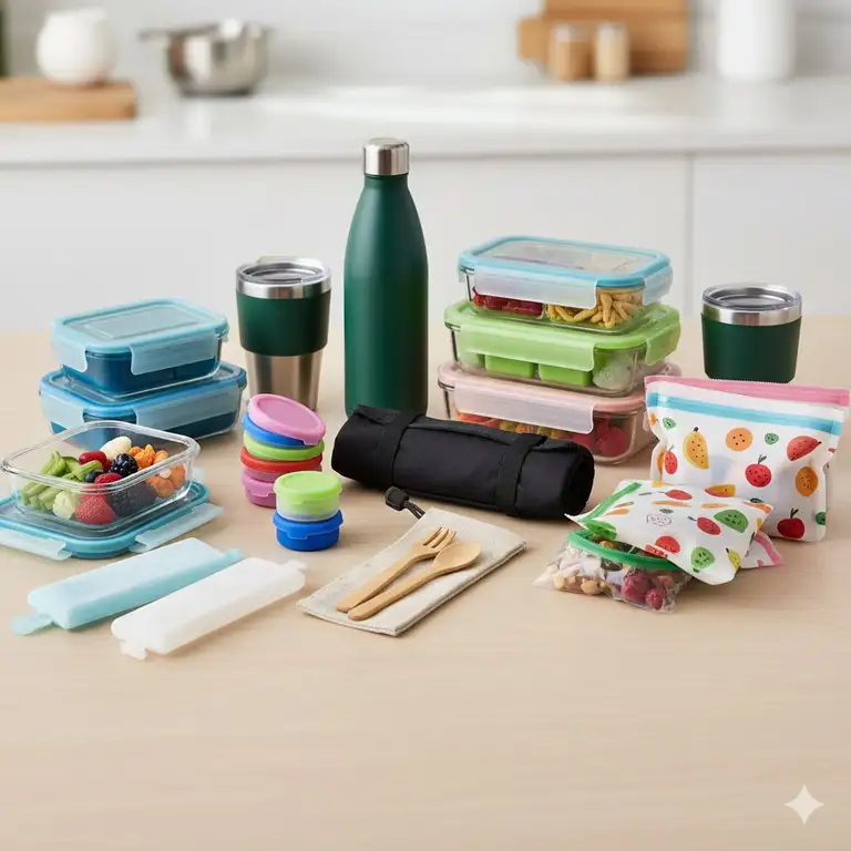 A vibrant collection of essential lunch bag accessories like reusable containers, ice packs, and insulated beverage holders neatly organized and ready for packing.