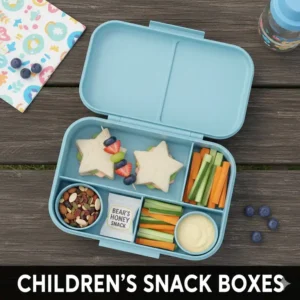 An illustration of a partitioned, bento-style lunch box, perfect for organizing different childrens snack boxes.