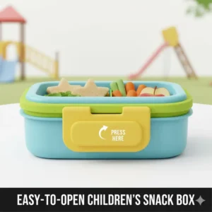 Diagram showing an easy-to-open latch mechanism on childrens snack boxes designed for little hands.