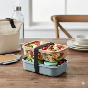 A stackable, leak-proof bento box with multiple compartments, a popular lunch bag accessory for meal prepping.