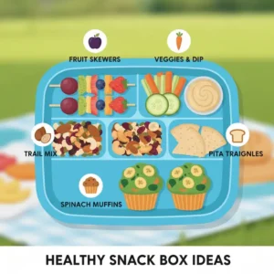 Infographic illustration showing five healthy snack ideas to include in childrens snack boxes.