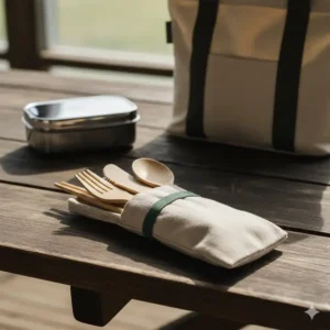Compact, portable, and eco-friendly reusable cutlery set inside a small travel case, essential for a complete lunch experience.