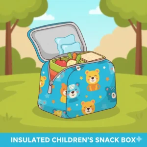 Illustration of an insulated carrier or bag designed to keep childrens snack boxes fresh and cool.