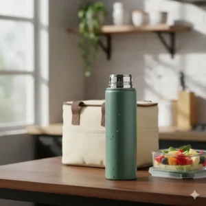 A tall, insulated stainless steel water bottle, a must-have lunch bag accessory for keeping drinks cold.
