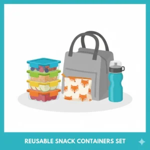 A set of various reusable snack containers and small boxes that fit inside larger childrens snack boxes.