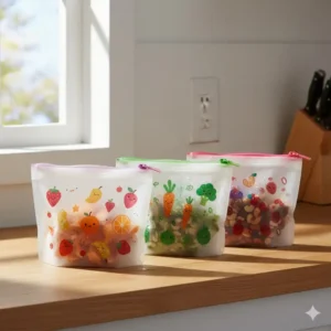 Reusable, washable silicone zipper snack bags with fun designs for carrying fruit and snacks inside a lunch container.