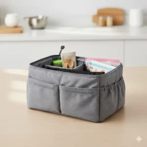 An adjustable foam or fabric divider used to organize and separate items within a large lunch bag.