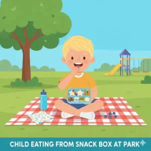 Cartoon drawing of a happy child enjoying a meal from their childrens snack boxes during a picnic at the park.
