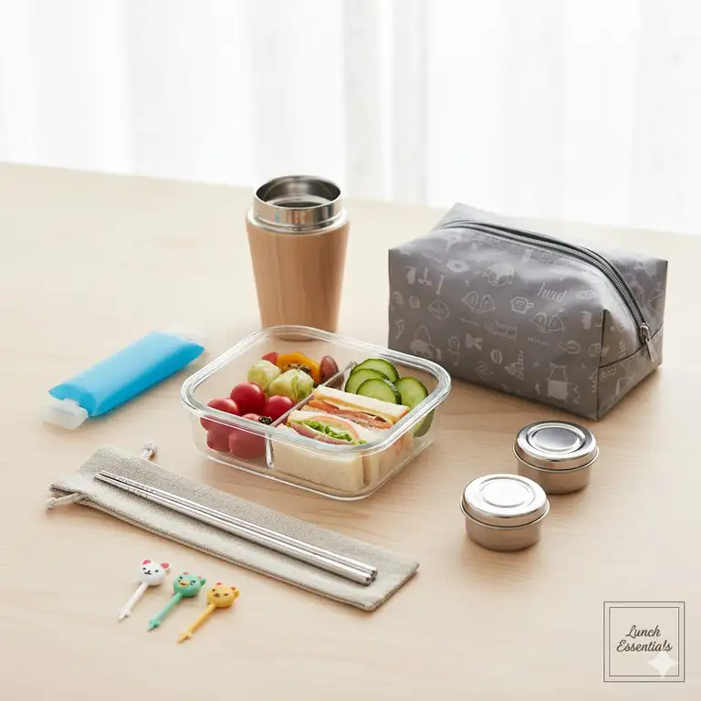A vibrant, organized set of essential lunch box accessories, including reusable containers, colorful bento picks, and a small thermos, perfect for daily meal prep.