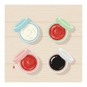 Close-up of leakproof, tiny containers designed for carrying salad dressing and sauces, essential lunch box accessories for portion control.