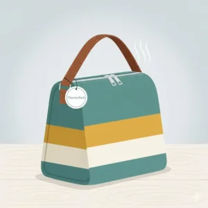 A modern, striped insulated bag with a sturdy handle, an indispensable lunch box accessory for keeping food hot or cold on the go.