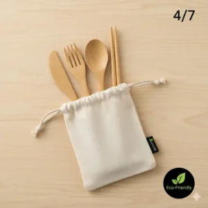 A compact, environmentally friendly bamboo cutlery set in a travel pouch, one of the best sustainable lunch box accessories.