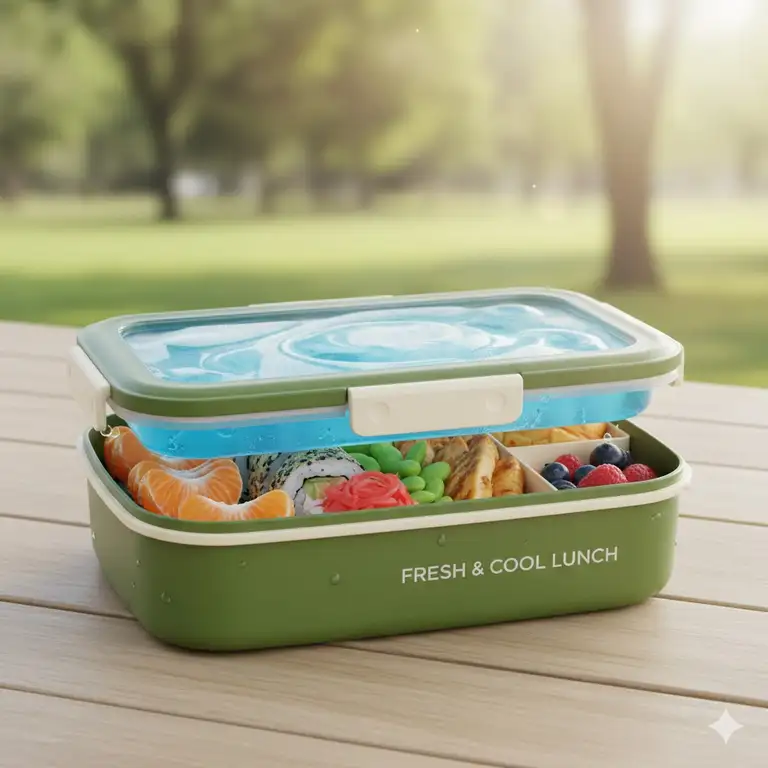 Bento box lunch box with ice pack in a full view, showcasing a fresh and appealing meal setting.