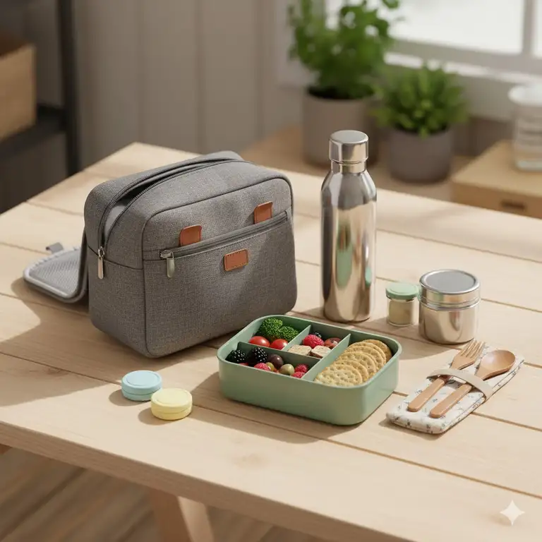 Best lunch accessories set featuring an insulated lunch bag, modern bento box, stainless steel water bottle, and colorful reusable cutlery for easy packing.