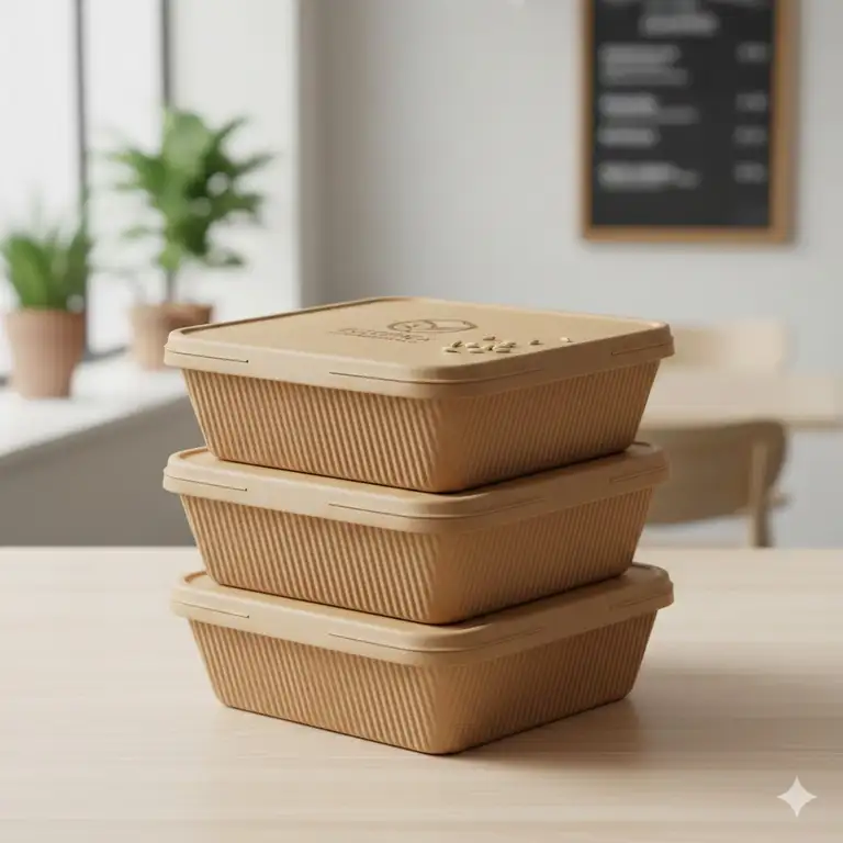 A stack of disposable cardboard bento boxes in a natural brown color, highlighting their eco-friendly and sturdy design for food takeout.bento box cardboard