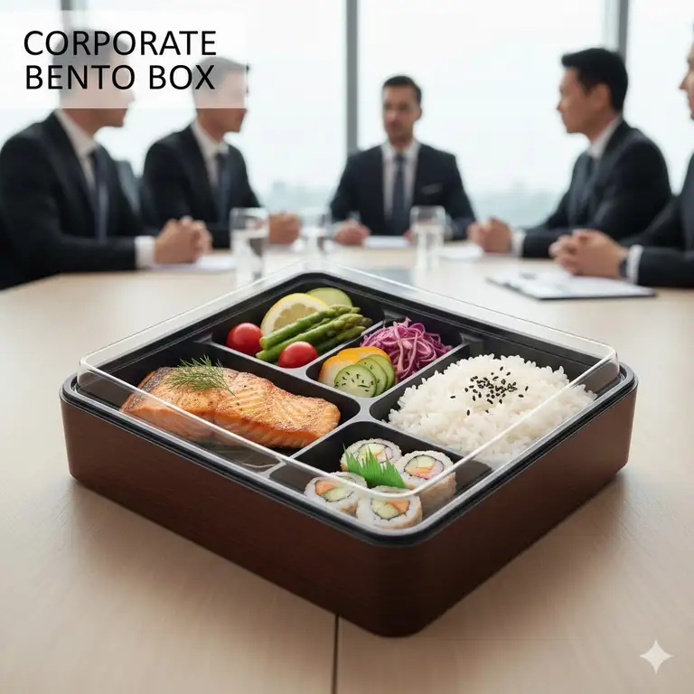 An office corporate bento box for a lunch meeting, featuring grilled salmon, steamed rice, and fresh seasonal vegetables.