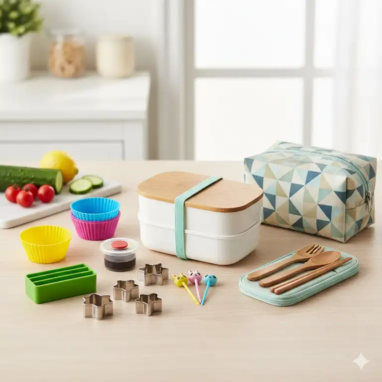 A complete set of bento box supplies laid out, including a two-tier bento box, colorful silicone dividers, mini food picks, and a sauce container, perfect for packing healthy lunches.