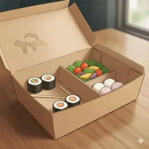 Close-up shot of an opened cardboard bento box showing three internal compartments designed for portion separation.