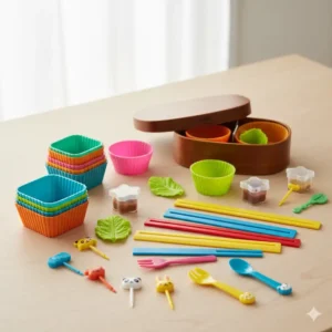 A collection showcasing the variety in a bento food dividers set, including plastic picks, silicone cups, and lettuce leaf shapes.