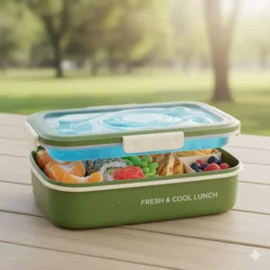 Bento box lunch box with ice pack open, revealing organized compartments for a balanced meal.