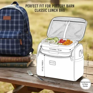Detailed dimensions showing the bento box that fits in Pottery Barn Classic line perfectly.