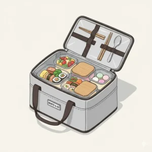 Open bento box carrier displaying multiple airtight containers and utensils inside.