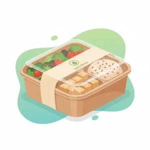 Illustration of a sustainable, eco-friendly paper togo bento box container with a clear lid for takeout meals.