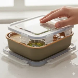 Close-up of a leak-proof To Go Bento Box container with separate sealed compartments for wet and dry foods.