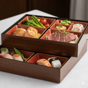 Close-up of an elegant, premium bento box arranged for business catering, showing high-quality ingredients.