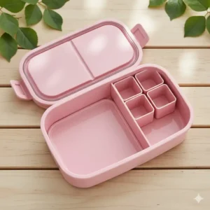 Detailed view of the interior pink bento lunch box showing multiple airtight compartments for food separation.