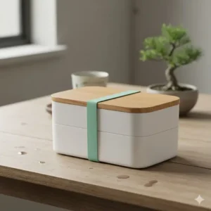 Close-up of a high-quality, two-tier Japanese-style bento box with a natural wood lid and secure elastic strap.
