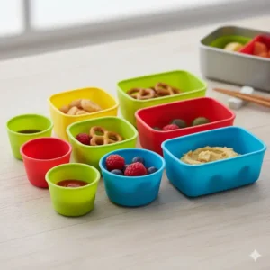 Set of brightly colored, reusable silicone cups, perfect as flexible bento box dividers for small snacks and sauces.