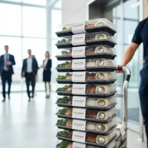 A stack of individually packaged corporate bento boxes ready for delivery to an office or business event.