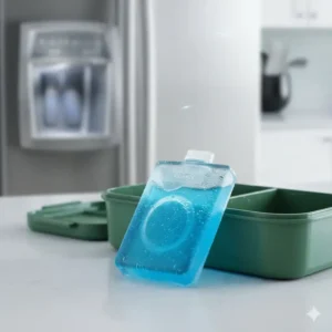 Detail shot of the removable bento box lunch box with ice pack, highlighting its cooling function.