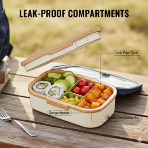 Close-up of the leak-proof compartments in the bento box that fits in Pottery Barn Classic bags.