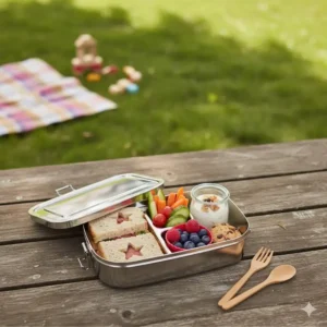 A reusable, stainless steel family lunch box, highlighting eco-friendly and zero-waste options for packing meals.