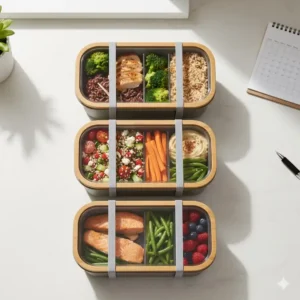 A set of three identical To Go Bento Boxes neatly stacked for meal prep, containing balanced work lunches.