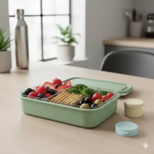 Close-up of a modern bento box with leakproof dividers, a versatile item among lunch accessories for packing a balanced meal.