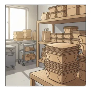 Stackable cardboard food containers (bento boxes) nested together for efficient kitchen or delivery storage.