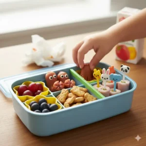 A close-up image showing how to use bento food dividers to create neat, appealing sections for a child's lunch with small snacks.