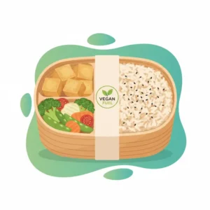 Illustration of a healthy vegan togo bento box containing tofu, brown rice, and colorful steamed vegetables.