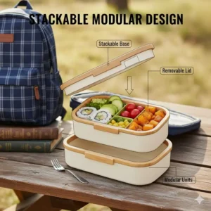 Modular and stackable bento box that fits in Pottery Barn Classic for easy packing and maximum food capacity.