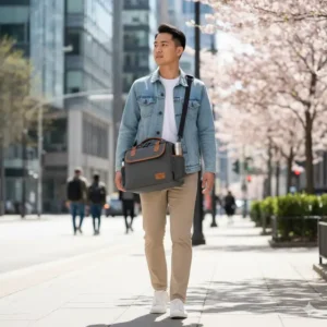 Person comfortably carrying a modern bento box carrier using the adjustable shoulder strap.
