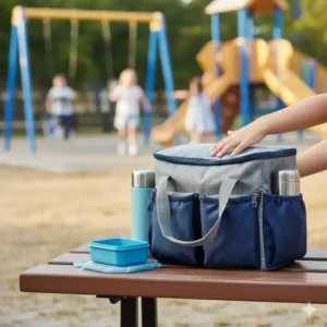 An insulated, multi-compartment lunch bag designed to hold a complete family lunch box set for a school or park outing.