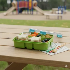 Fun and colorful kids' school lunch in a To Go Bento Box featuring sandwich cutouts and fresh fruit.