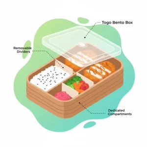 Diagram illustrating the multi-compartment design of a togo bento box to separate different food items.