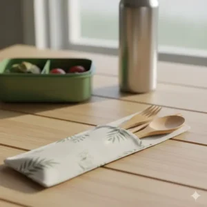 Eco-friendly reusable bamboo cutlery set in a travel case, a must-have piece of lunch accessories for sustainable eating.