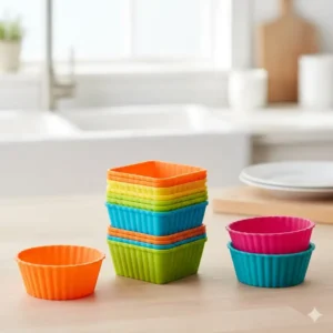 Stack of brightly colored silicone bento food cups, a popular, flexible style of bento food dividers for separating wet and dry foods.