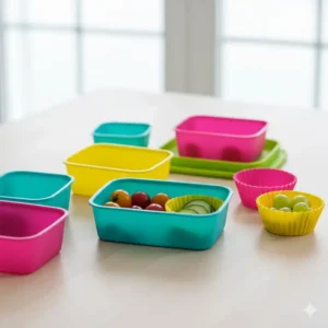 Reusable, colorful silicone cupcake liners and rectangular dividers used to separate different foods within a bento box.